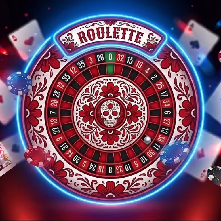 Calavera Casino artwork showing a roulette wheel with calavera-style floral patterns and glowing blue accents.